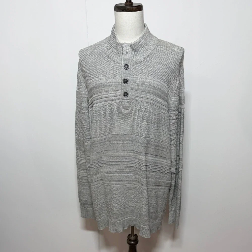 Flag‎ & Anthem Sweater Mens XXL Grey Cotton Marl Mock Neck Striped Henley